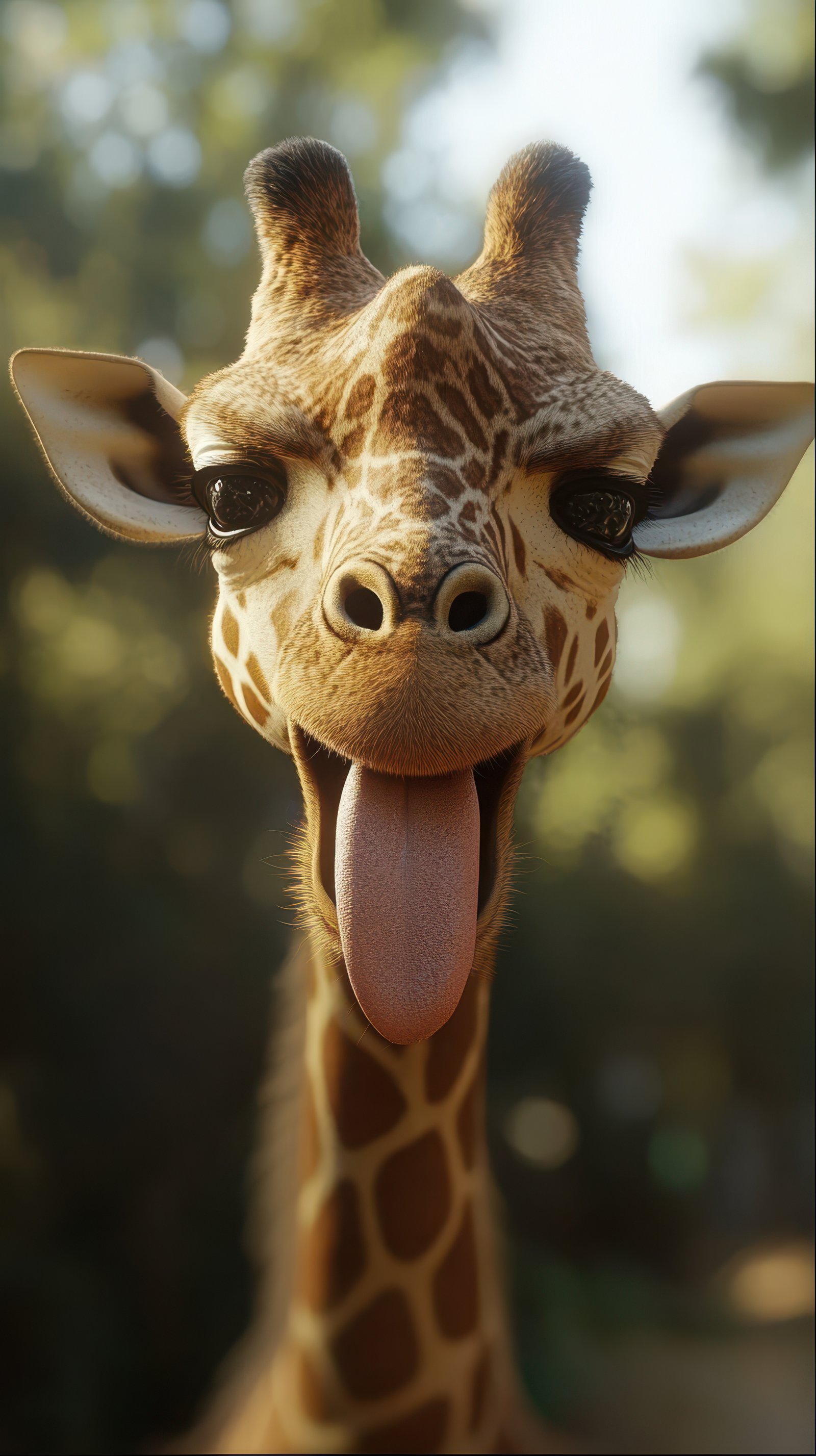Giraffe playfully sticking out its tongue in a sunny natural habitat during the daytime